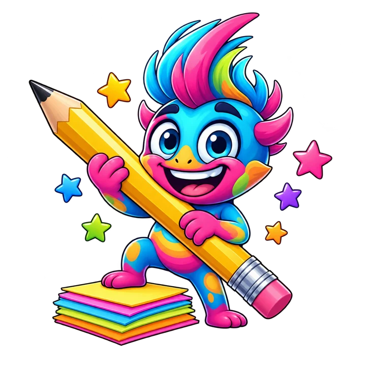 Craftex, the colourful Elixir mascot, creating with a giant pencil